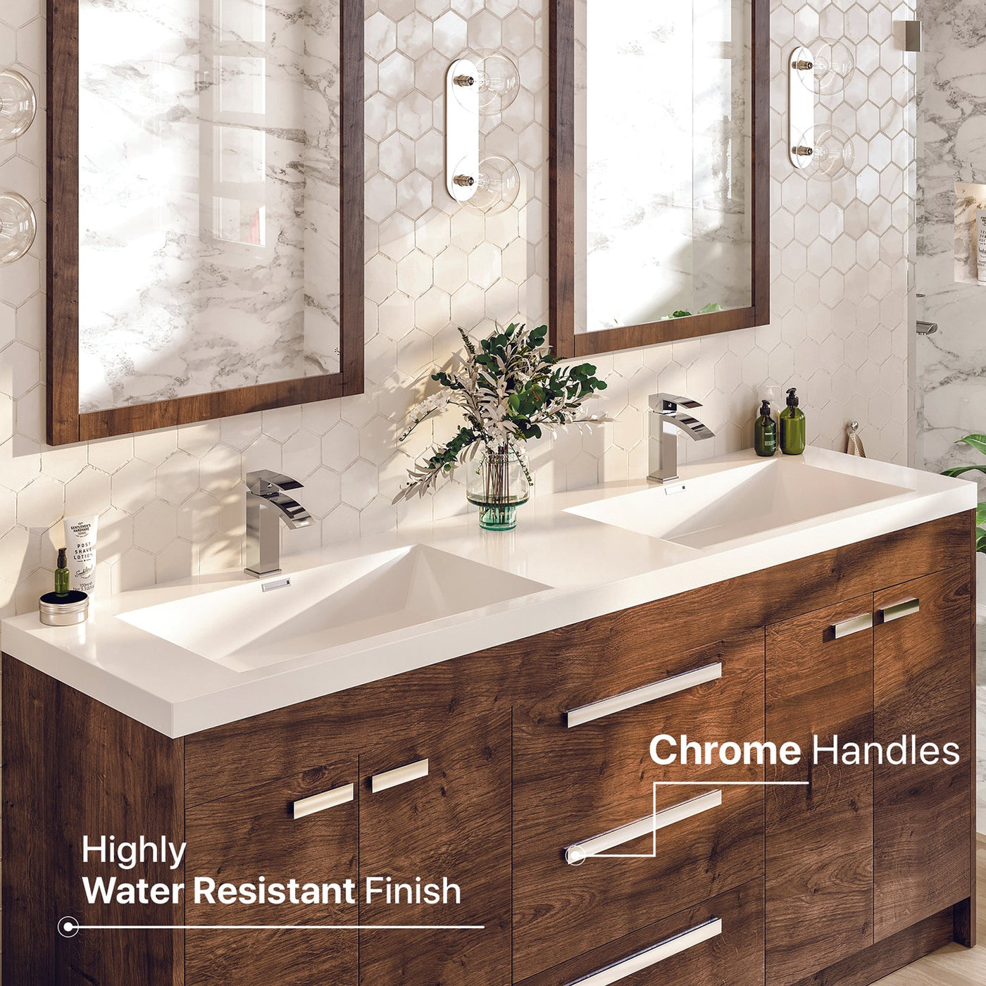 Lugano 60"W x 20"D Rosewood Double Sink Bathroom Vanity with White Acrylic Countertop and Integrated Sinks