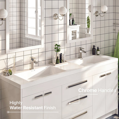 Lugano 60"W x 20"D White Double Sink Bathroom Vanity with White Acrylic Countertop and Integrated Sinks