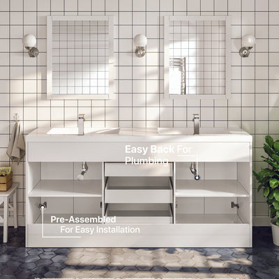 Lugano 60"W x 20"D White Double Sink Bathroom Vanity with White Acrylic Countertop and Integrated Sinks