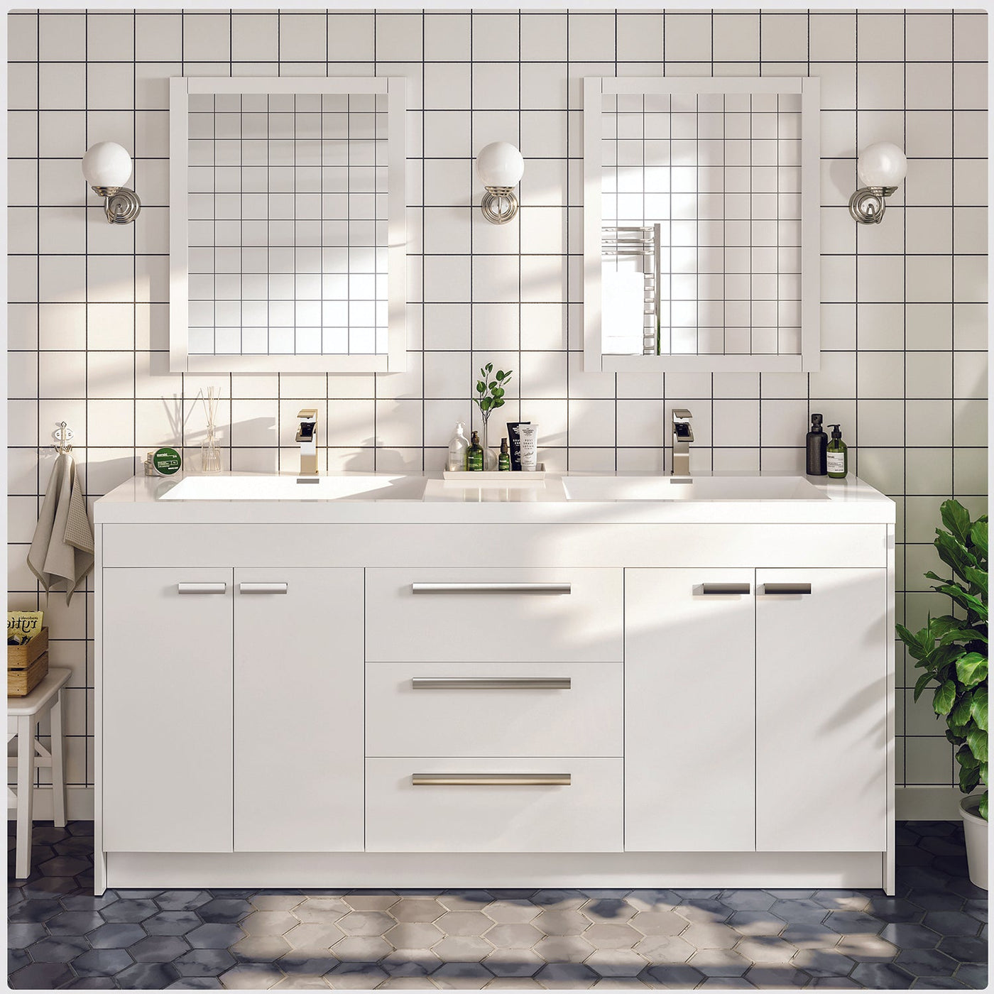 Lugano 60"W x 20"D White Double Sink Bathroom Vanity with White Acrylic Countertop and Integrated Sinks