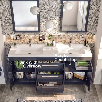 Lugano 72"W x 20"D Gray Double Sink Bathroom Vanity with White Acrylic Countertop and Integrated Sinks