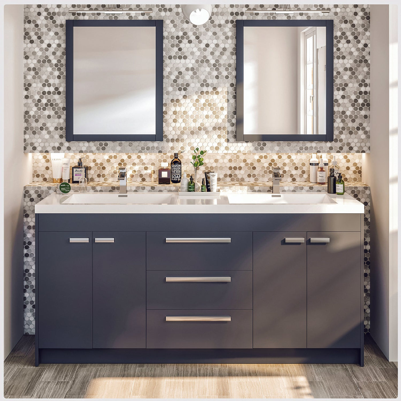 Lugano 72"W x 20"D Gray Double Sink Bathroom Vanity with White Acrylic Countertop and Integrated Sinks