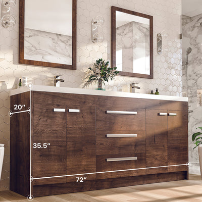 Lugano 72"W x 20"D Rosewood Double Sink Bathroom Vanity with White Acrylic Countertop and Integrated Sinks