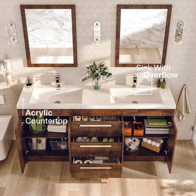 Lugano 72"W x 20"D Rosewood Double Sink Bathroom Vanity with White Acrylic Countertop and Integrated Sinks