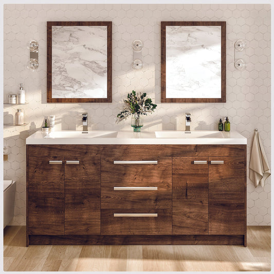 Lugano 72"W x 20"D Rosewood Double Sink Bathroom Vanity with Acrylic Countertop and Integrated Sink