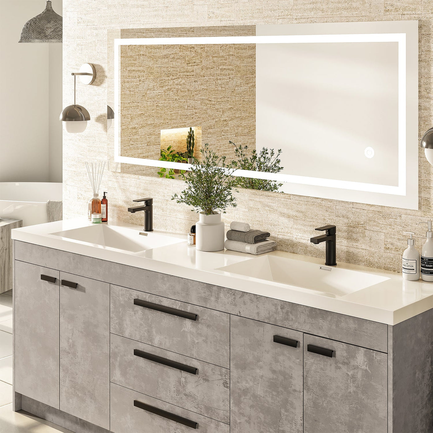 Lugano 84"W x 20"D Concrete Gray Double Sink Bathroom Vanity with White Acrylic Countertop and Integrated Sinks