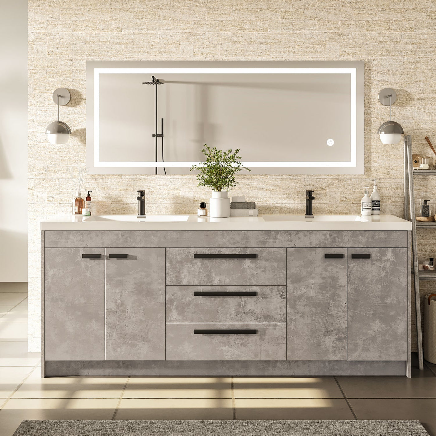 Lugano 84"W x 20"D Concrete Gray Double Sink Bathroom Vanity with White Acrylic Countertop and Integrated Sinks