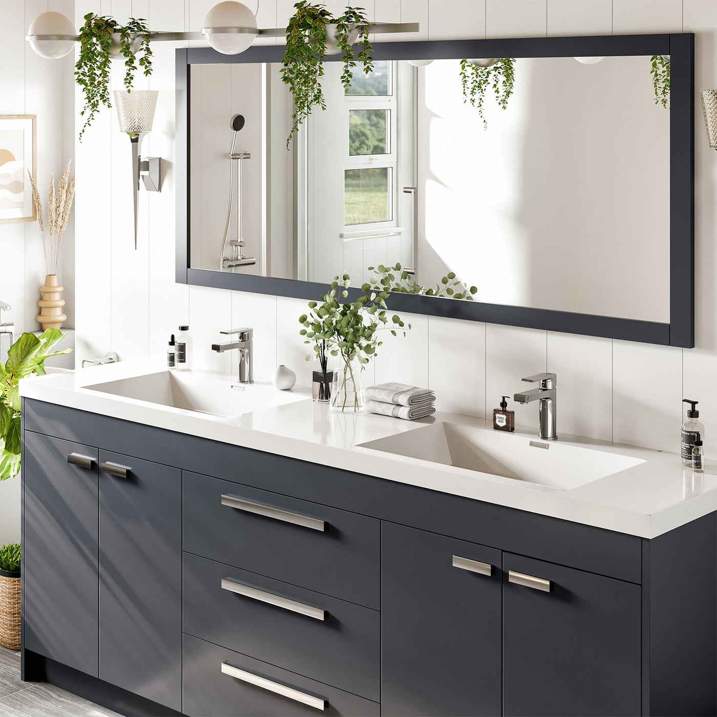 Lugano 84"W x 20"D Gray Double Sink Bathroom Vanity with White Acrylic Countertop and Integrated Sinks