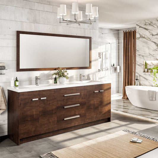 Lugano 84"W x 20"D Rosewood Double Sink Bathroom Vanity with Acrylic Countertop and Integrated Sink