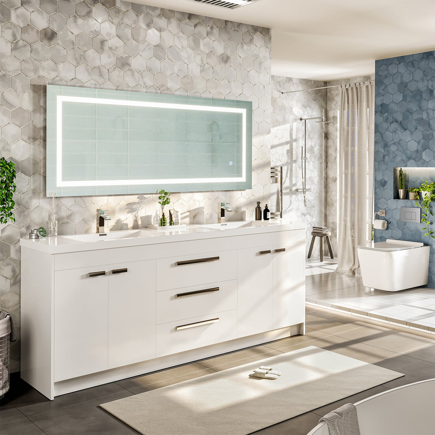 Lugano 84"W x 20"D White Double Sink Bathroom Vanity with White Acrylic Countertop and Integrated Sinks