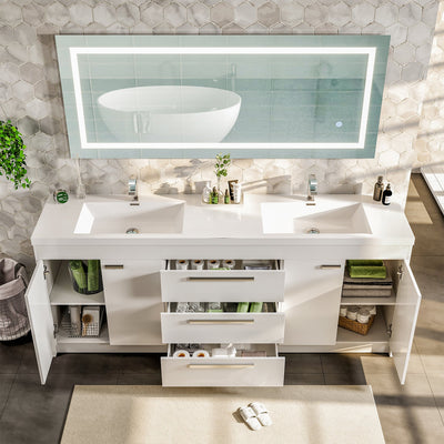 Lugano 84"W x 20"D White Double Sink Bathroom Vanity with White Acrylic Countertop and Integrated Sinks