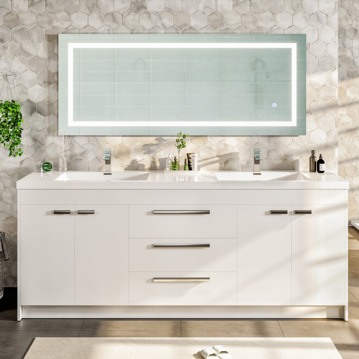 Lugano 84"W x 20"D White Double Sink Bathroom Vanity with White Acrylic Countertop and Integrated Sinks