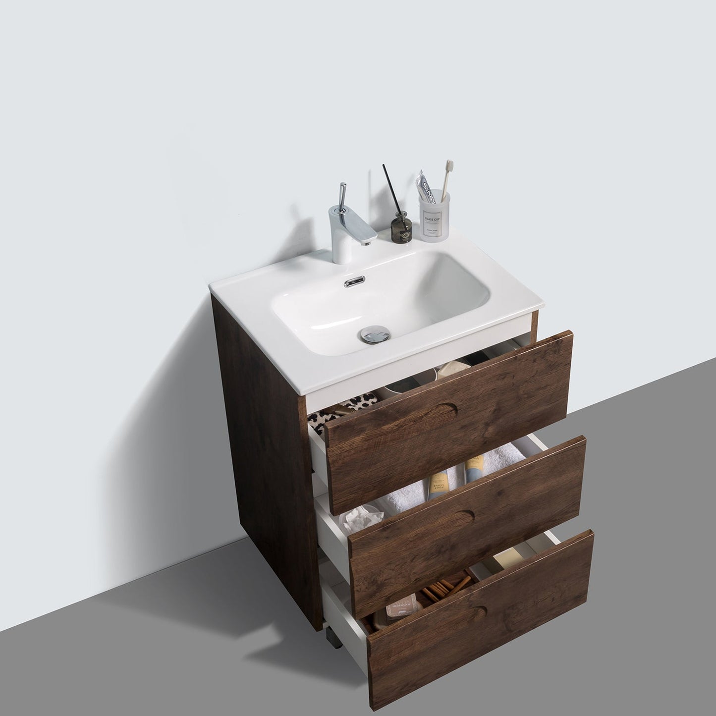 Eviva Joy 24" Rosewood Freestanding Bathroom Vanity w/ White Integrated Top