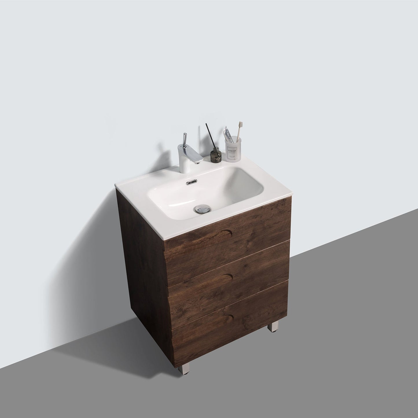 Eviva Joy 24" Rosewood Freestanding Bathroom Vanity w/ White Integrated Top