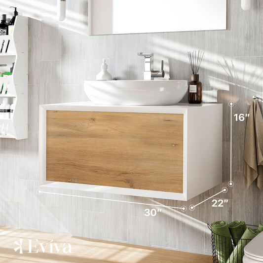 Eviva Santa Monica 30" White Oak Wall Mount Bathroom Vanity w/ Solid Surface Sink