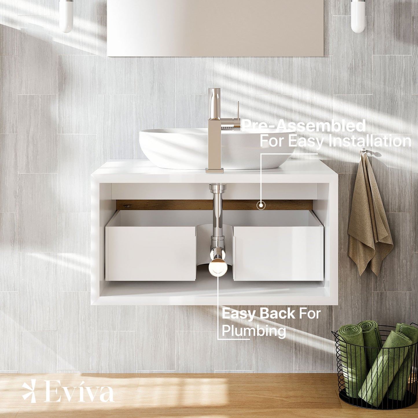 Eviva Santa Monica 30" White Oak Wall Mount Bathroom Vanity w/ Acrylic Sink