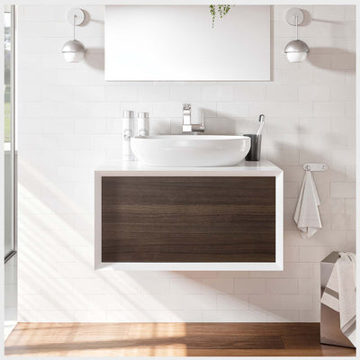 Santa Monica 30"W x 22"D Gray Oak Wall Mount Bathroom Vanity with White Acrylic Countertop and Vessel Solid Surface Sink