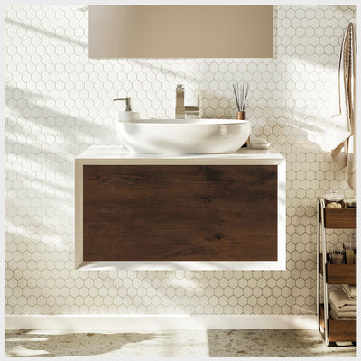 Santa Monica 30"W x 22"D Rosewood Wall Mount Bathroom Vanity with White Acrylic Countertop and Vessel Solid Surface Sink