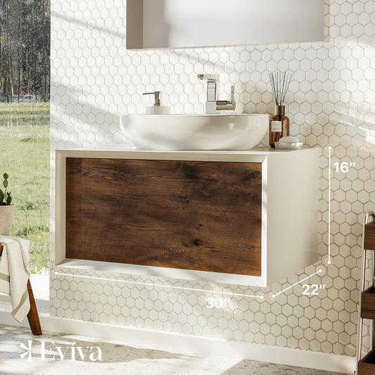 Santa Monica 30"W x 22"D Rosewood Wall Mount Bathroom Vanity with Solid Surface Countertop and Vessel Solid Surface Sink