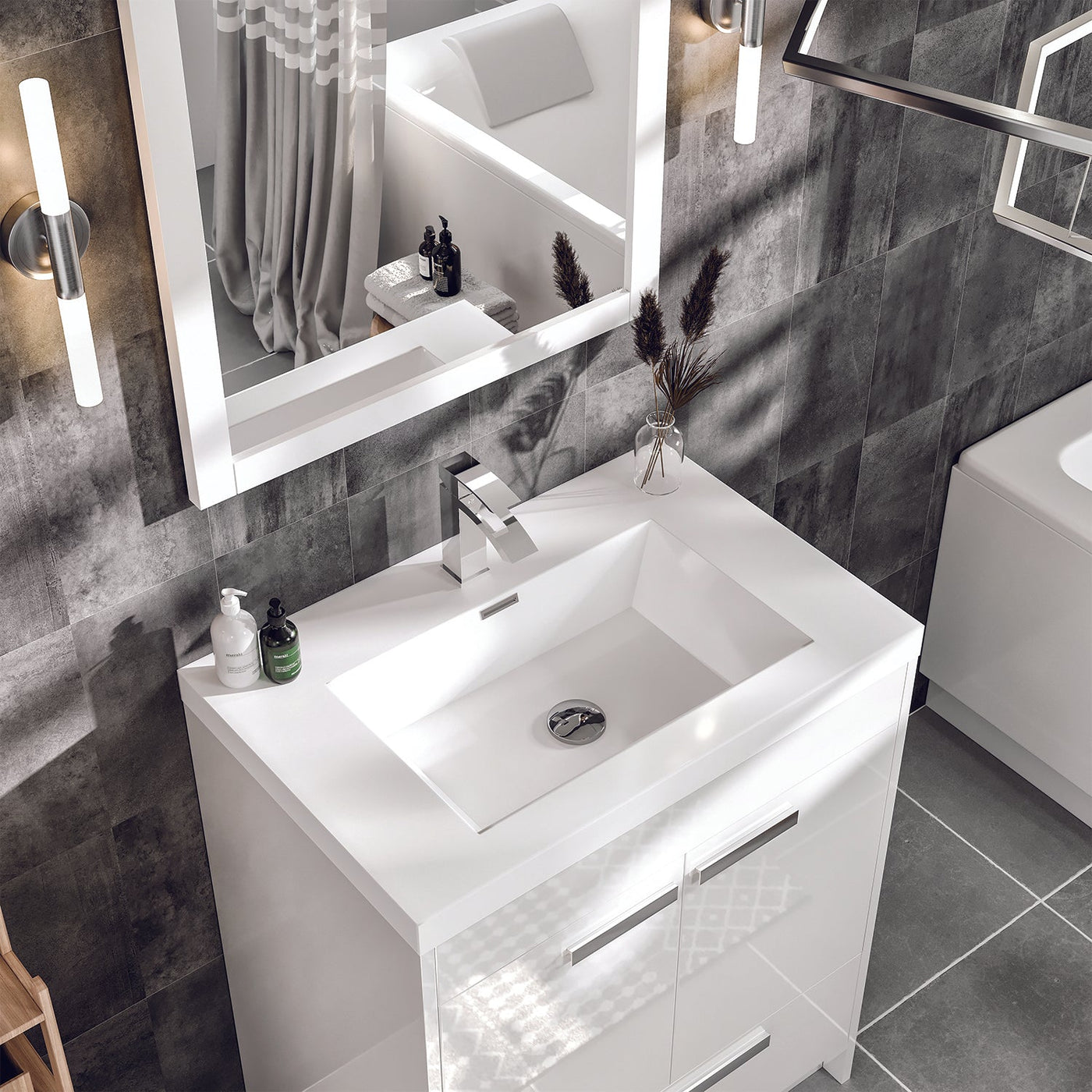 Lugano 24"W x 20"D White Bathroom Vanity with White Acrylic Countertop and Integrated Sink