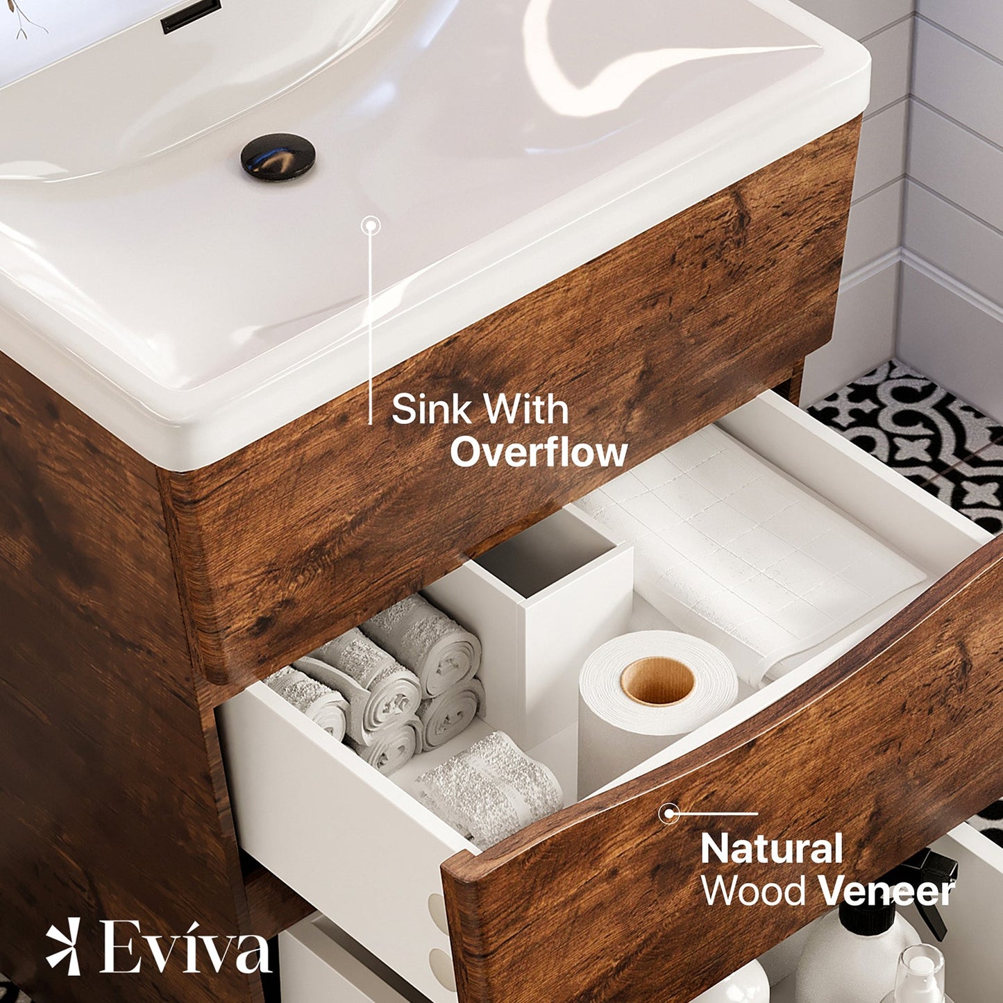 Eviva Victoria 25" Rosewood Modern Bathroom Vanity with White Integrated Acrylic Sink