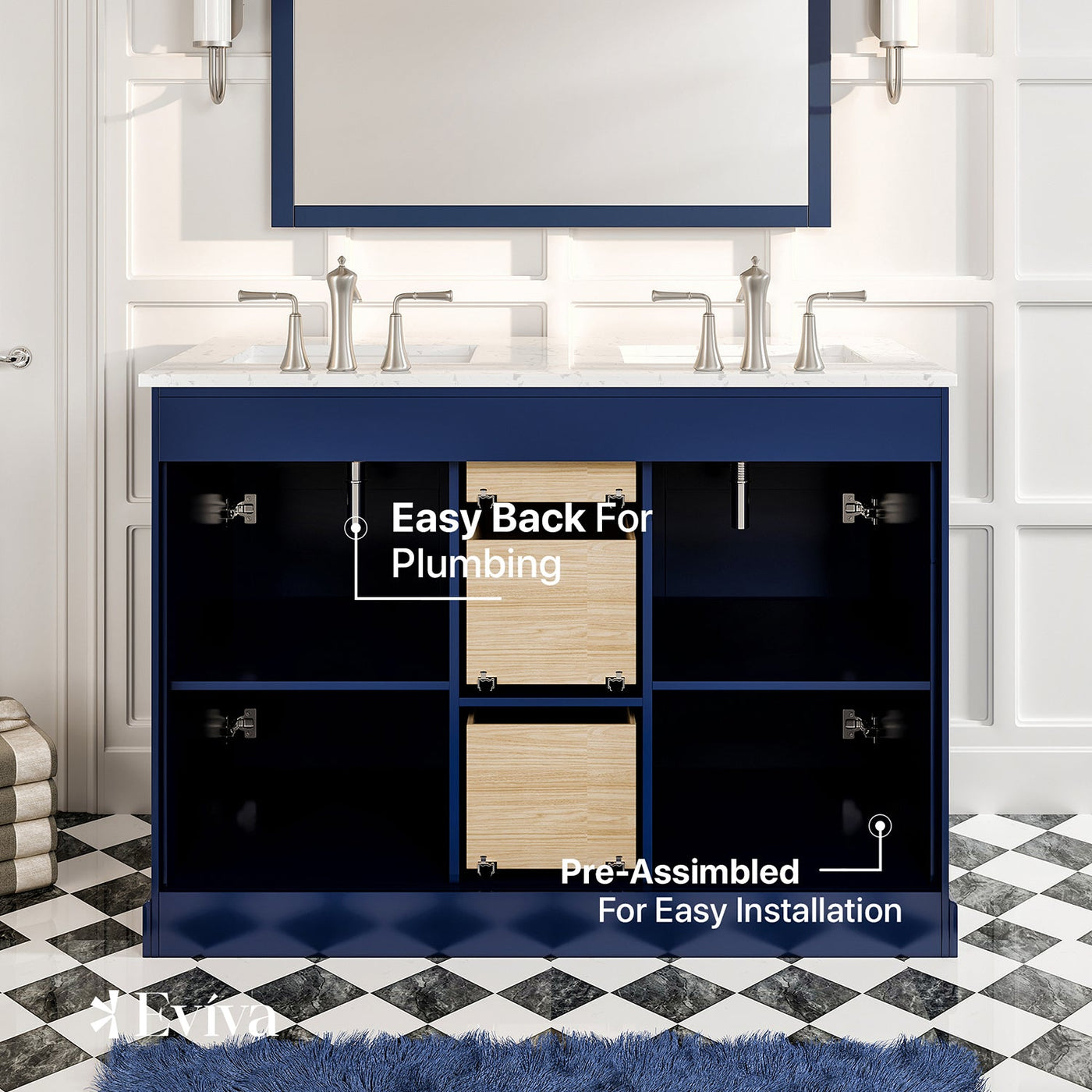 Epic 48"W x 22"D Blue Double Sink Bathroom Vanity with White Carrara Quartz Countertop and Undermount Porcelain Sinks