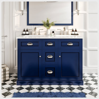 Epic 48"W x 22"D Blue Double Sink Bathroom Vanity with White Carrara Quartz Countertop and Undermount Porcelain Sinks