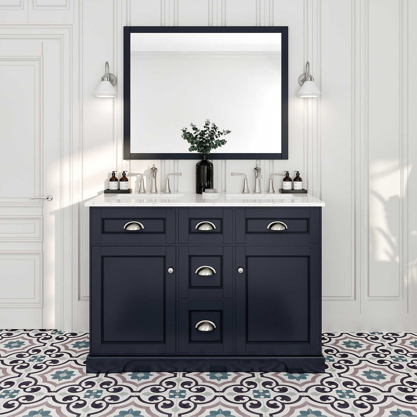 Epic 48"W x 22"D Charcoal Gray Double Sink Bathroom Vanity with White Carrara Quartz Countertop and Undermount Porcelain Sinks