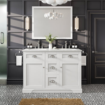 Epic 48"W x 22"D White Double Sink Bathroom Vanity with White Carrara Quartz Countertop and Undermount Porcelain Sinks