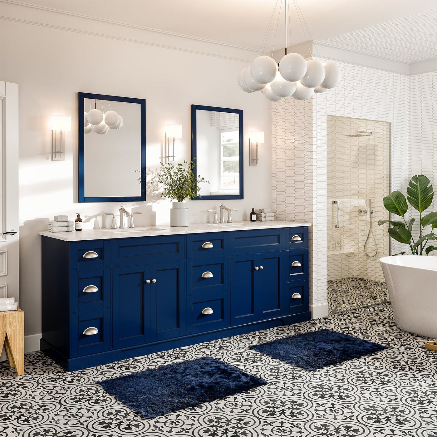 Epic 84"W x 22"D Blue Double Sink Bathroom Vanity with White Carrara Quartz Countertop and Undermount Porcelain Sinks