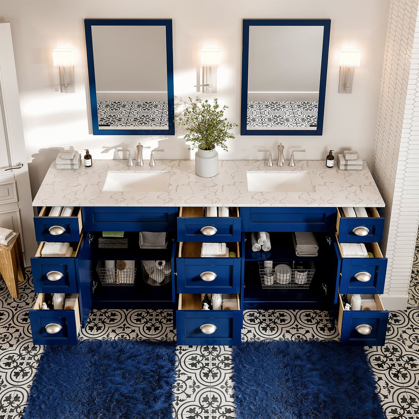 Epic 84"W x 22"D Blue Double Sink Bathroom Vanity with White Carrara Quartz Countertop and Undermount Porcelain Sinks