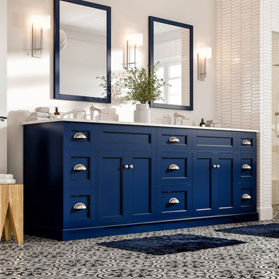 Epic 84"W x 22"D Blue Double Sink Bathroom Vanity with White Carrara Quartz Countertop and Undermount Porcelain Sinks