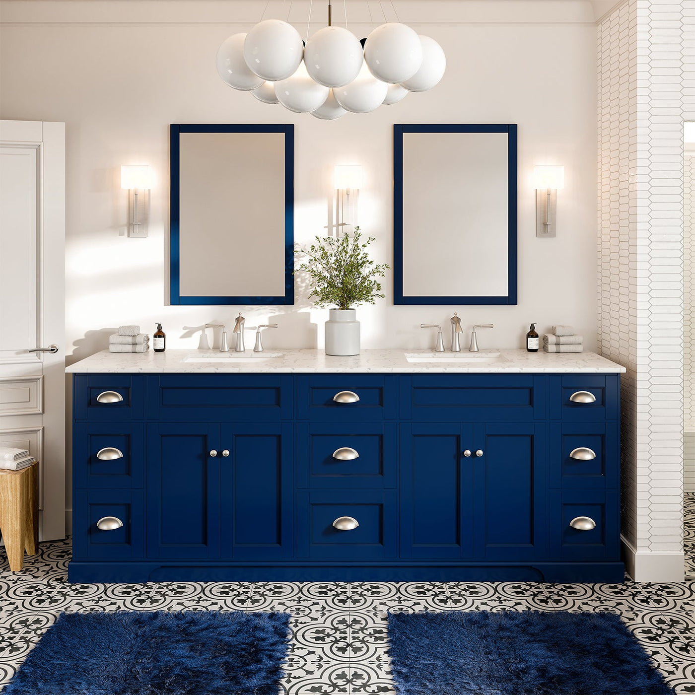 Epic 84"W x 22"D Blue Double Sink Bathroom Vanity with White Carrara Quartz Countertop and Undermount Porcelain Sinks