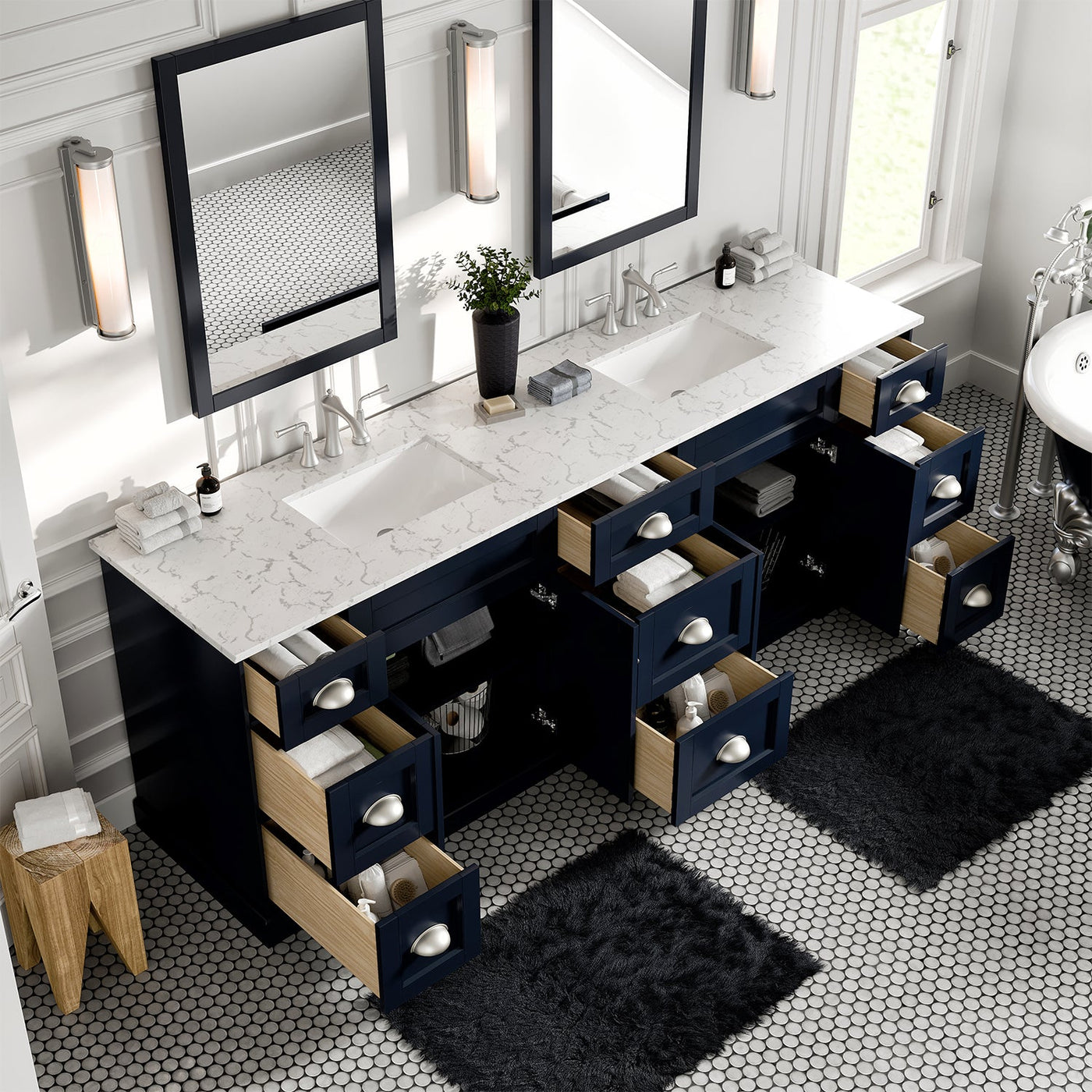 Epic 84"W x 22"D Charcoal Gray Double Sink Bathroom Vanity with White Carrara Quartz Countertop and Undermount Porcelain Sinks