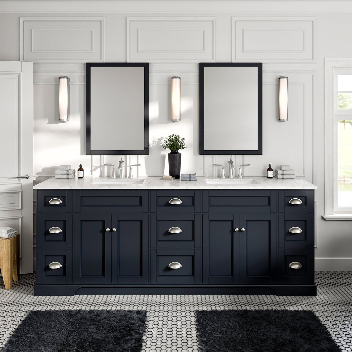 Epic 84"W x 22"D Charcoal Gray Double Sink Bathroom Vanity with White Carrara Quartz Countertop and Undermount Porcelain Sinks