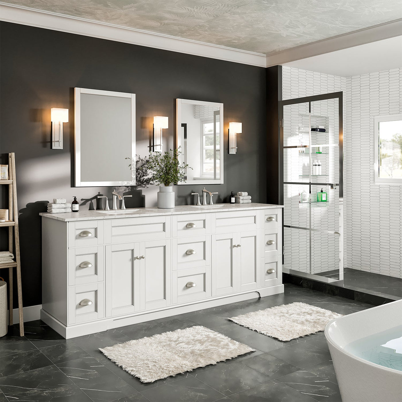 Epic 84"W x 22"D White Double Sink Bathroom Vanity with White Carrara Quartz Countertop and Undermount Porcelain Sinks