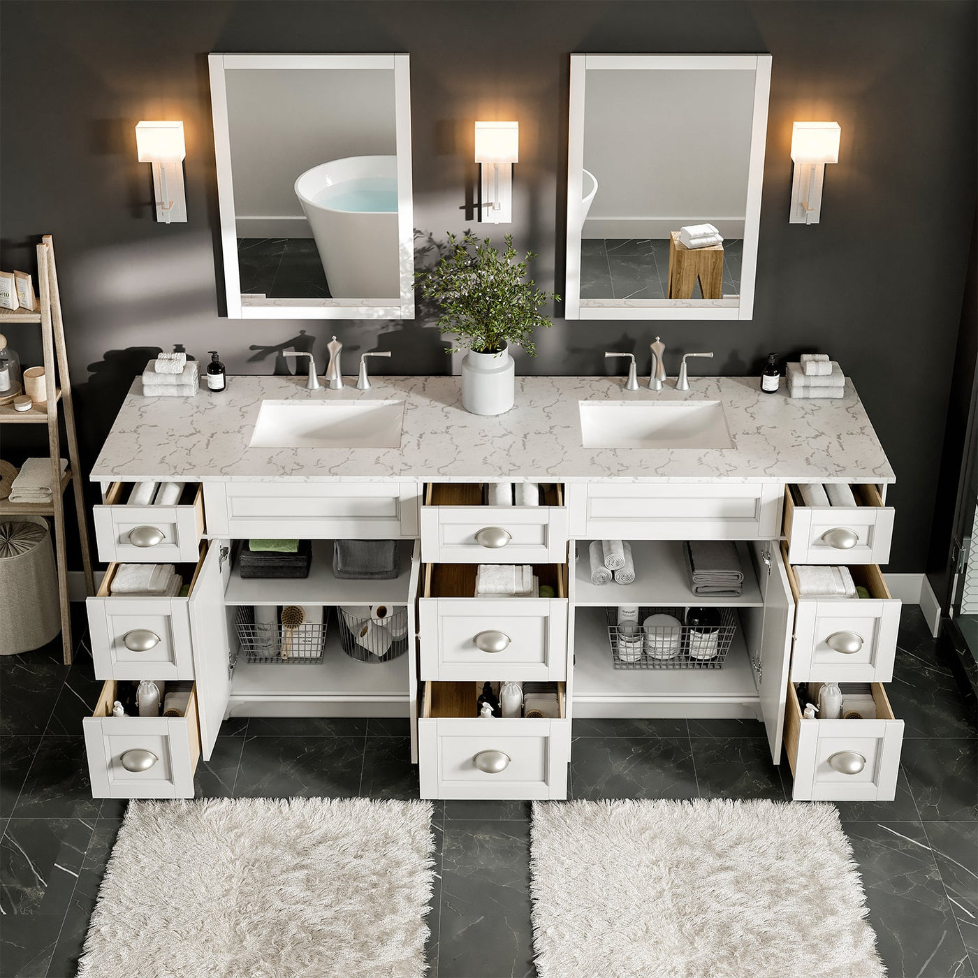 Epic 84"W x 22"D White Double Sink Bathroom Vanity with White Carrara Quartz Countertop and Undermount Porcelain Sinks