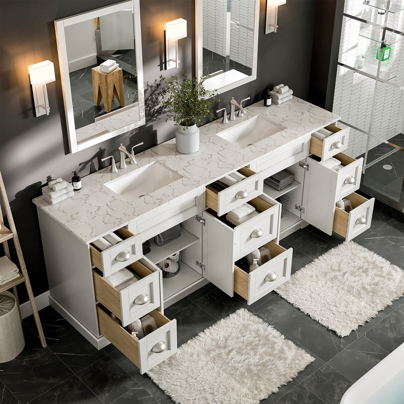 Epic 84"W x 22"D White Double Sink Bathroom Vanity with White Carrara Quartz Countertop and Undermount Porcelain Sinks