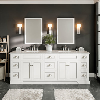 Epic 84"W x 22"D White Double Sink Bathroom Vanity with White Carrara Quartz Countertop and Undermount Porcelain Sinks