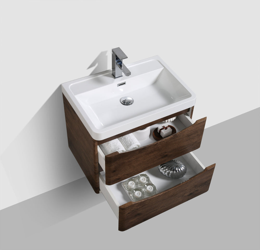 Eviva Smile 28" Rosewood Wall Mount Modern Bathroom Vanity w/ White Integrated Top