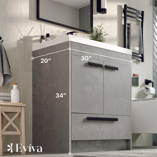 Lugano 30"W x 20"D Cement Gray Bathroom Vanity with Acrylic Countertop and Integrated Sink