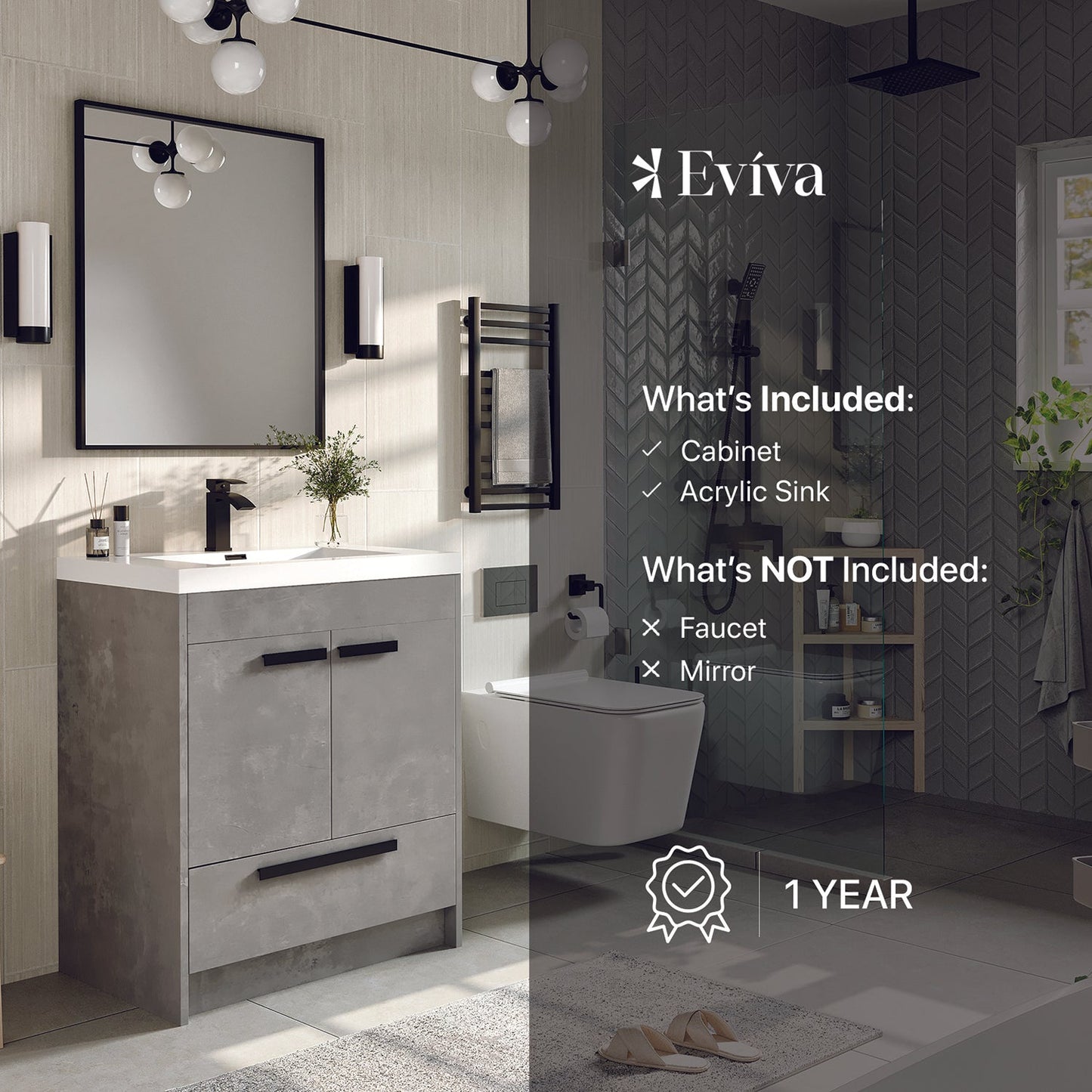 Eviva Lugano 30" Cement Gray Modern Bathroom Vanity w/ White Integrated Top