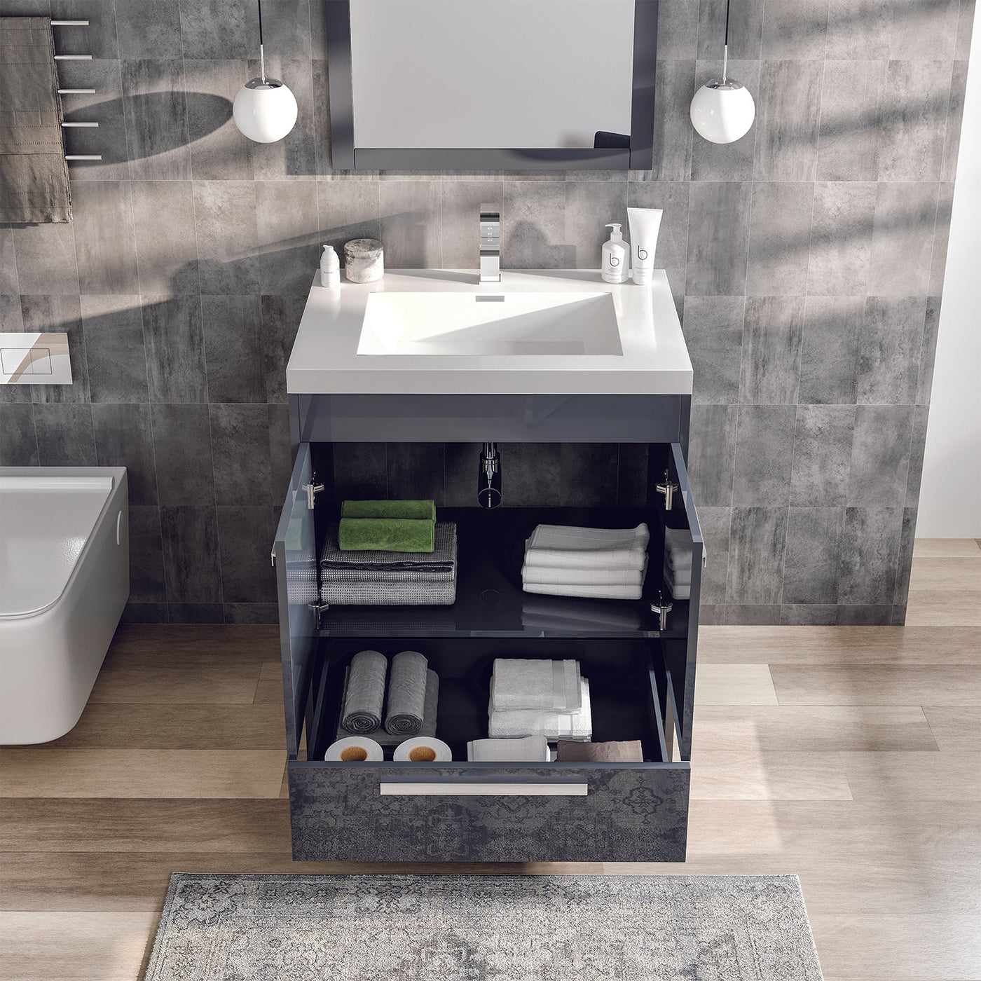 Lugano 30"W x 20"D Gray Bathroom Vanity with White Acrylic Countertop and Integrated Sink