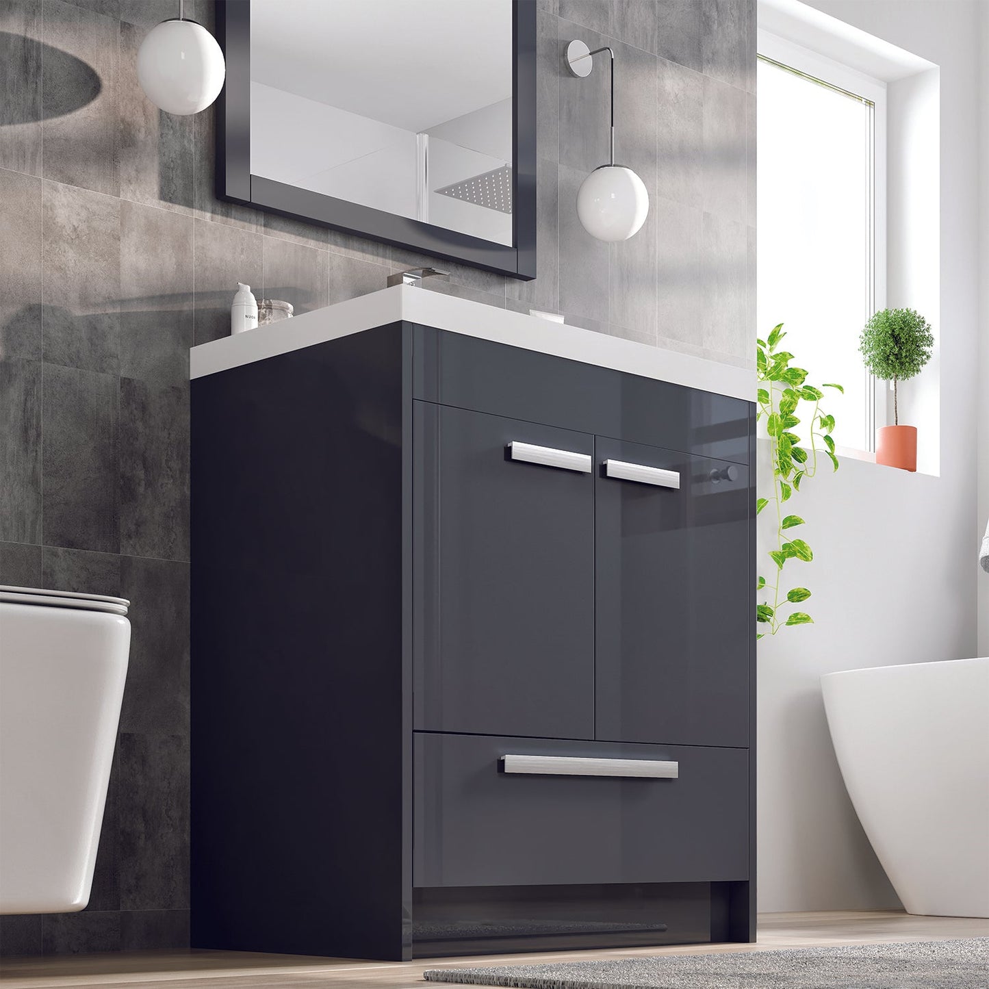 Eviva Lugano 30" Gray Modern Bathroom Vanity w/ White Integrated Top