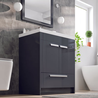 Lugano 30"W x 20"D Gray Bathroom Vanity with White Acrylic Countertop and Integrated Sink