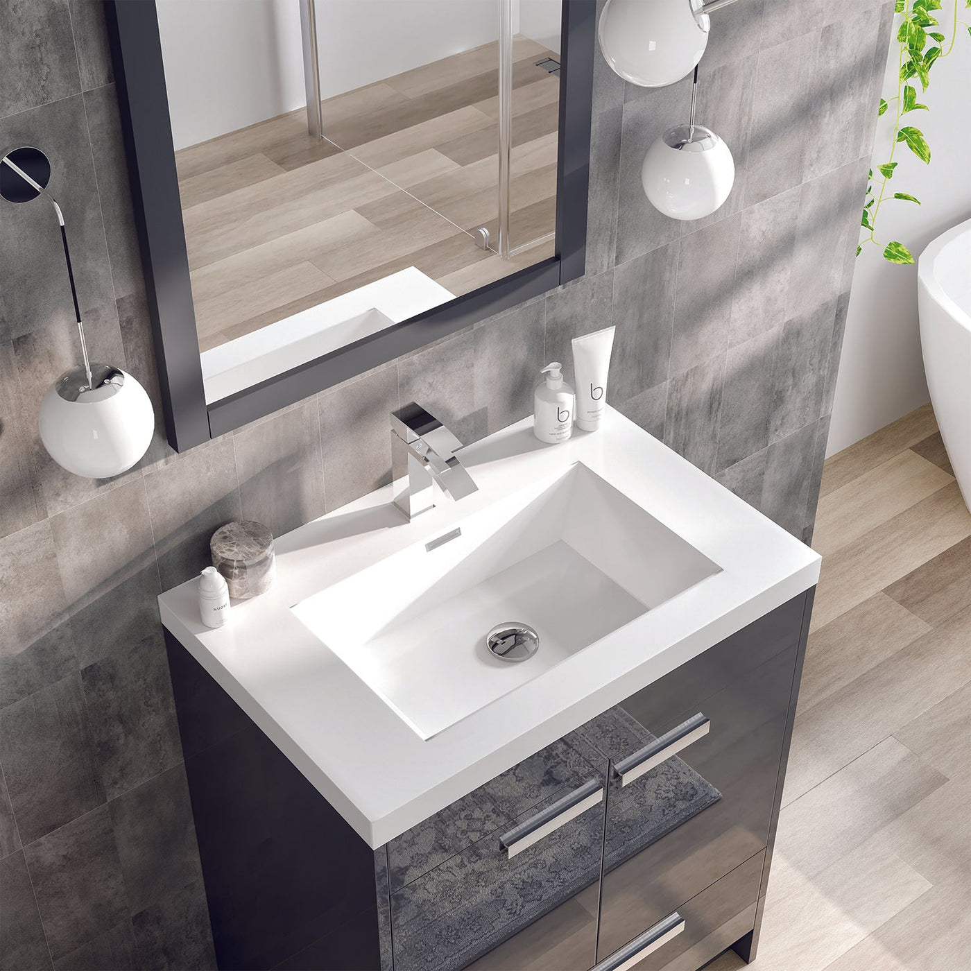 Lugano 30"W x 20"D Gray Bathroom Vanity with White Acrylic Countertop and Integrated Sink