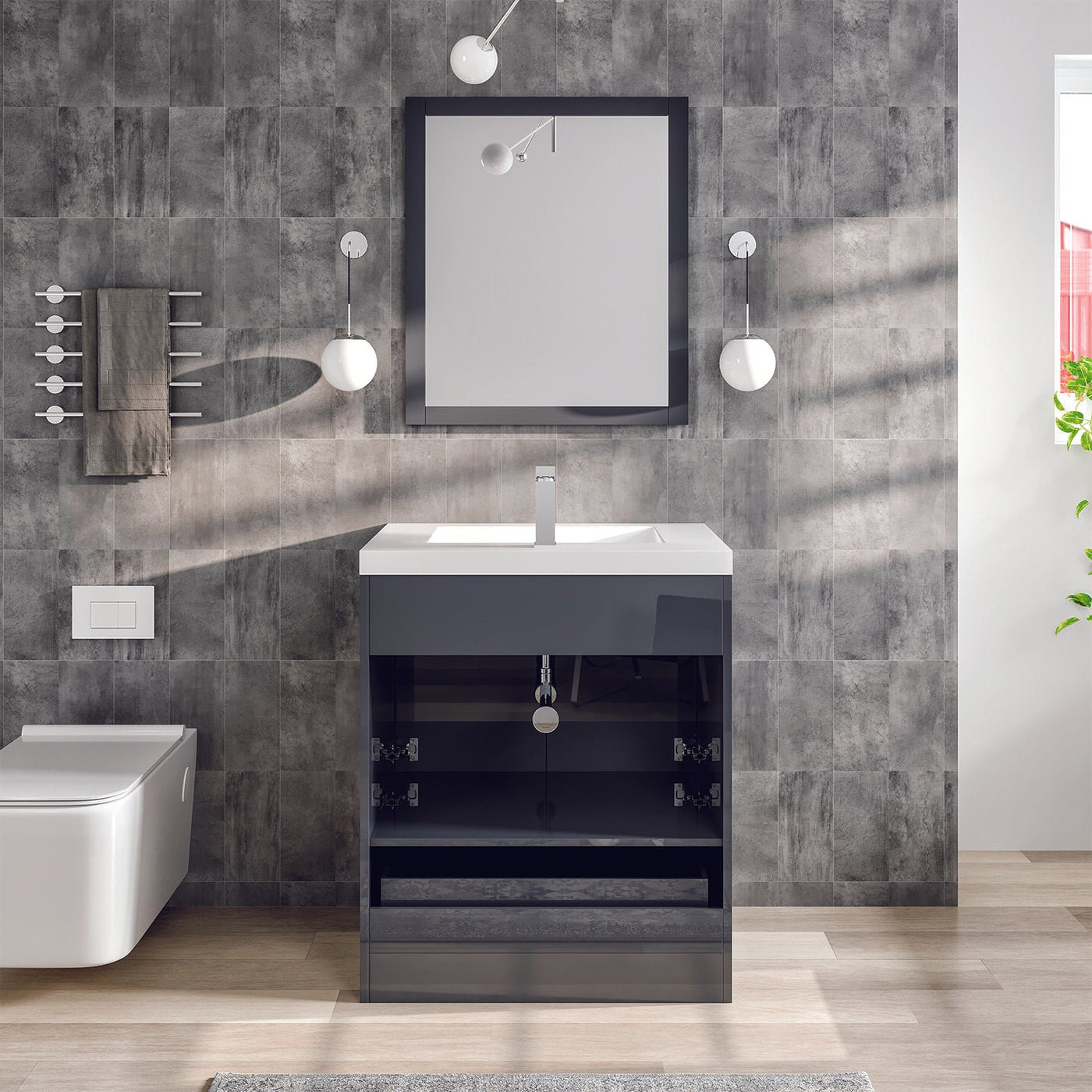 Lugano 30"W x 20"D Gray Bathroom Vanity with White Acrylic Countertop and Integrated Sink