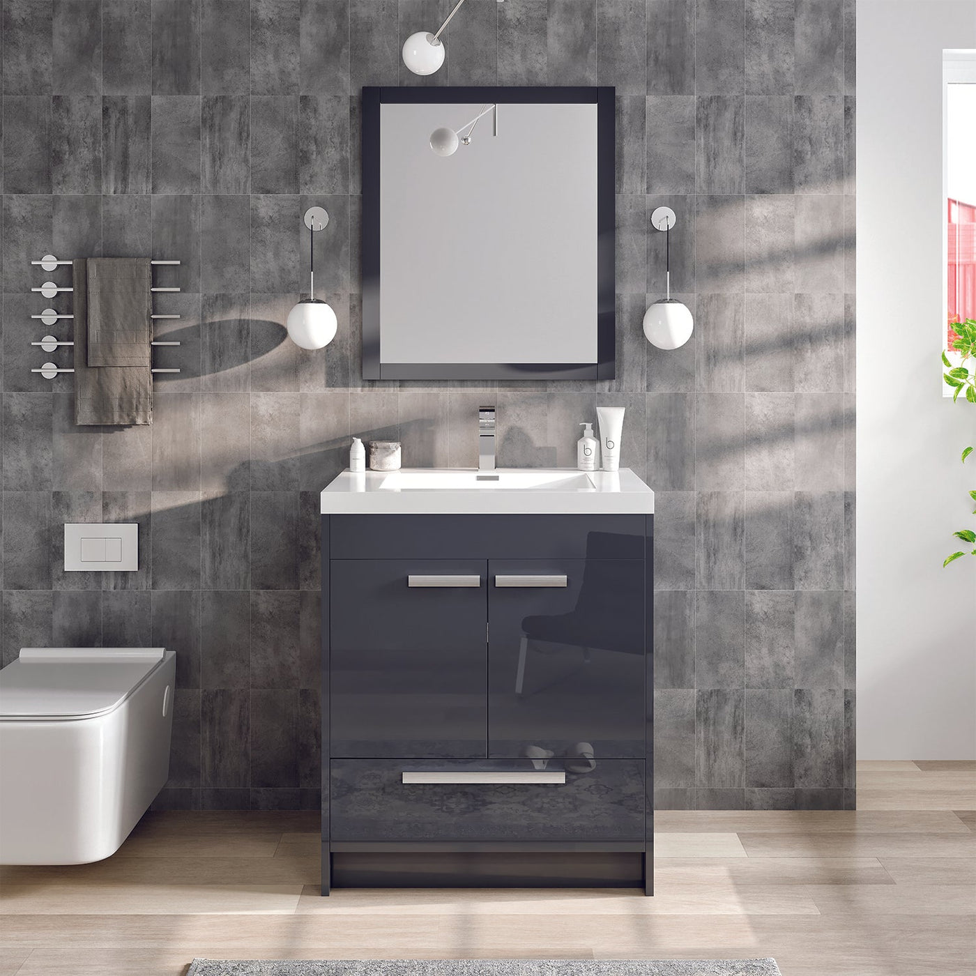 Lugano 30"W x 20"D Gray Bathroom Vanity with White Acrylic Countertop and Integrated Sink