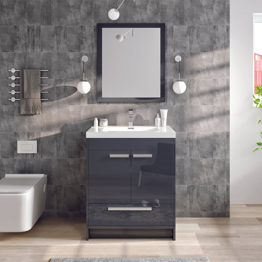 Lugano 30"W x 20"D Gray Bathroom Vanity with Acrylic Countertop and Integrated Sink