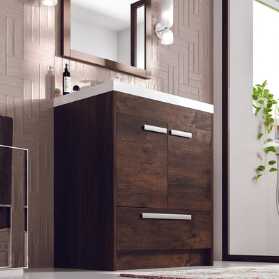 Lugano 30"W x 20"D Rosewood Bathroom Vanity with White Acrylic Countertop and Integrated Sink